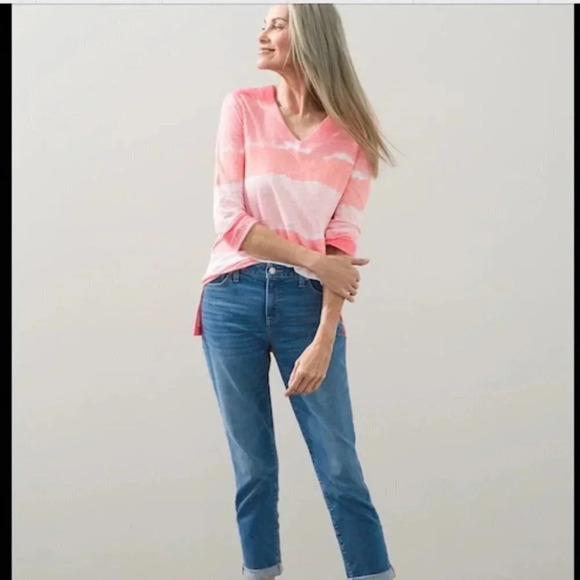 Chicos Linen Tie-Dye Striped Tunic Size 0/SM Calypso Coral 3/4 Sleeve Knit - Picture 2 of 7